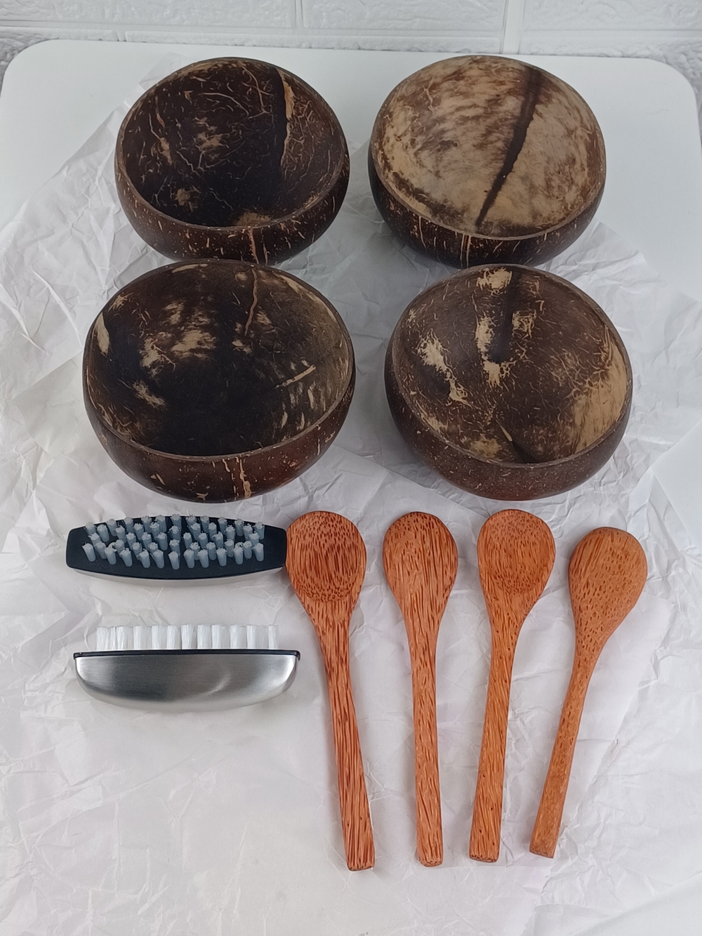 Natural Coconut Bowl Set with Wooden Spoons - Brown